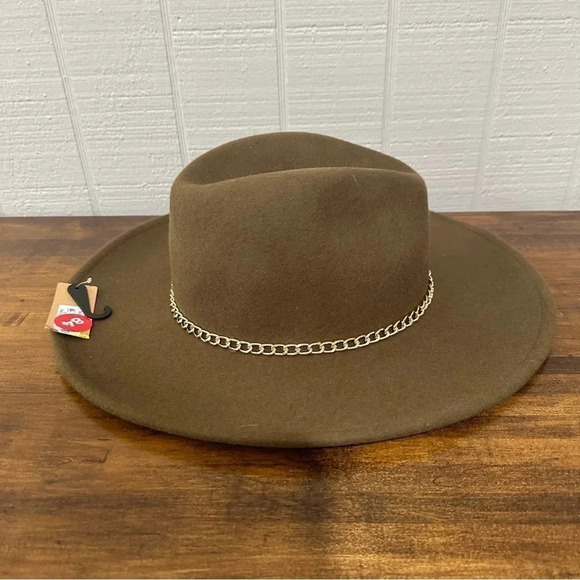 Steve Madden Green Women\'s Felted 100% Wool Metal Chain Trimmed Fedora Hat NWT
